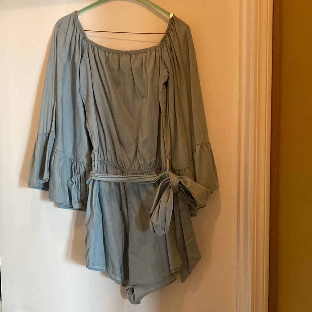 Blue puff sleeve romper with belt